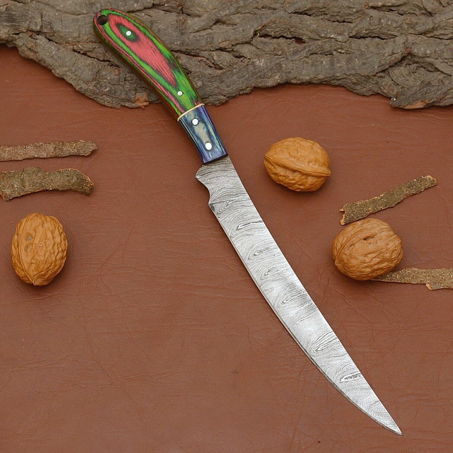 Custom Forged Damascus Steel Kitchen Knife – Wood Handle Chef Knife for Cooking & Outdoor Use