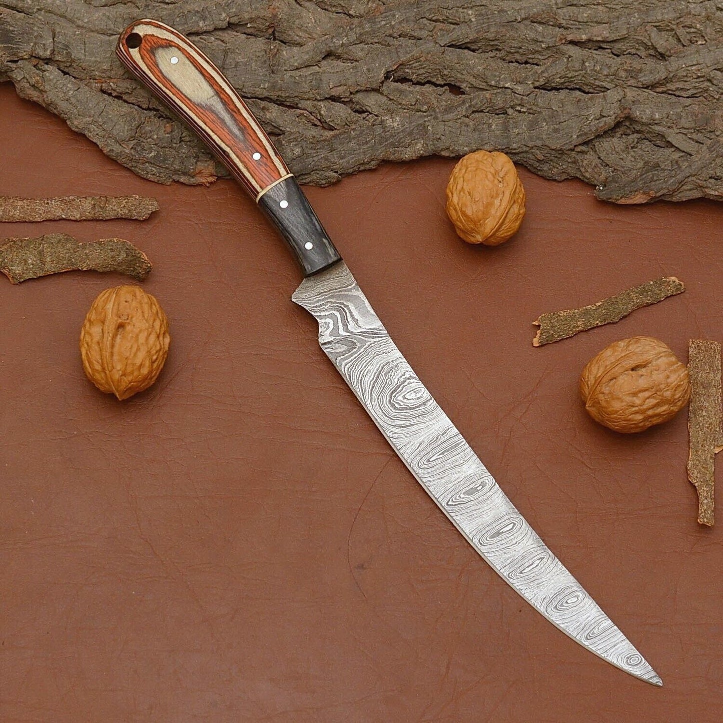 Damascus Steel Kitchen Knife – 7 Inch Handmade Chef Knife with Wood Handle