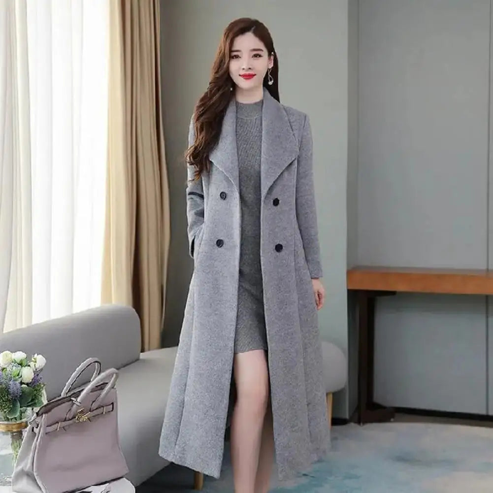 Elegant British Style Women Woolen Coat, Double Breasted Waist Tight, Suit Collar Long Cardigan, Mid Calf Length