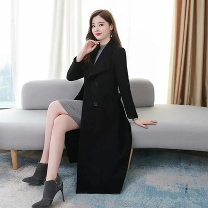 Elegant British Style Women Woolen Coat Double Breasted Waist Tight Suit Collar Long Cardigan Mid C 1