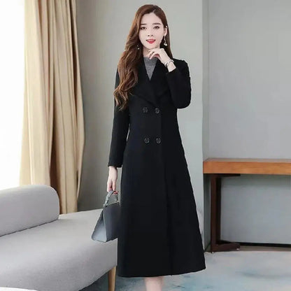 Elegant British Style Women Woolen Coat Double Breasted Waist Tight Suit Collar Long Cardigan Mid C 2