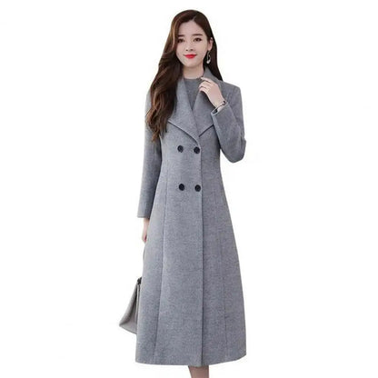Elegant British Style Women Woolen Coat Double Breasted Waist Tight Suit Collar Long Cardigan Mid C 6