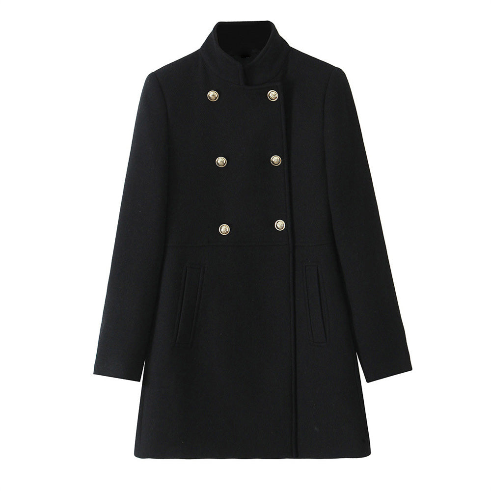 New Double Breasted Jacket for Women, Gold Button Up Stand Up Collar Solid Color Coat for Autumn and Winter