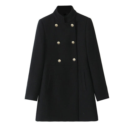 New Double Breasted Jacket for Women, Gold Button Up Stand Up Collar Solid Color Coat for Autumn and Winter