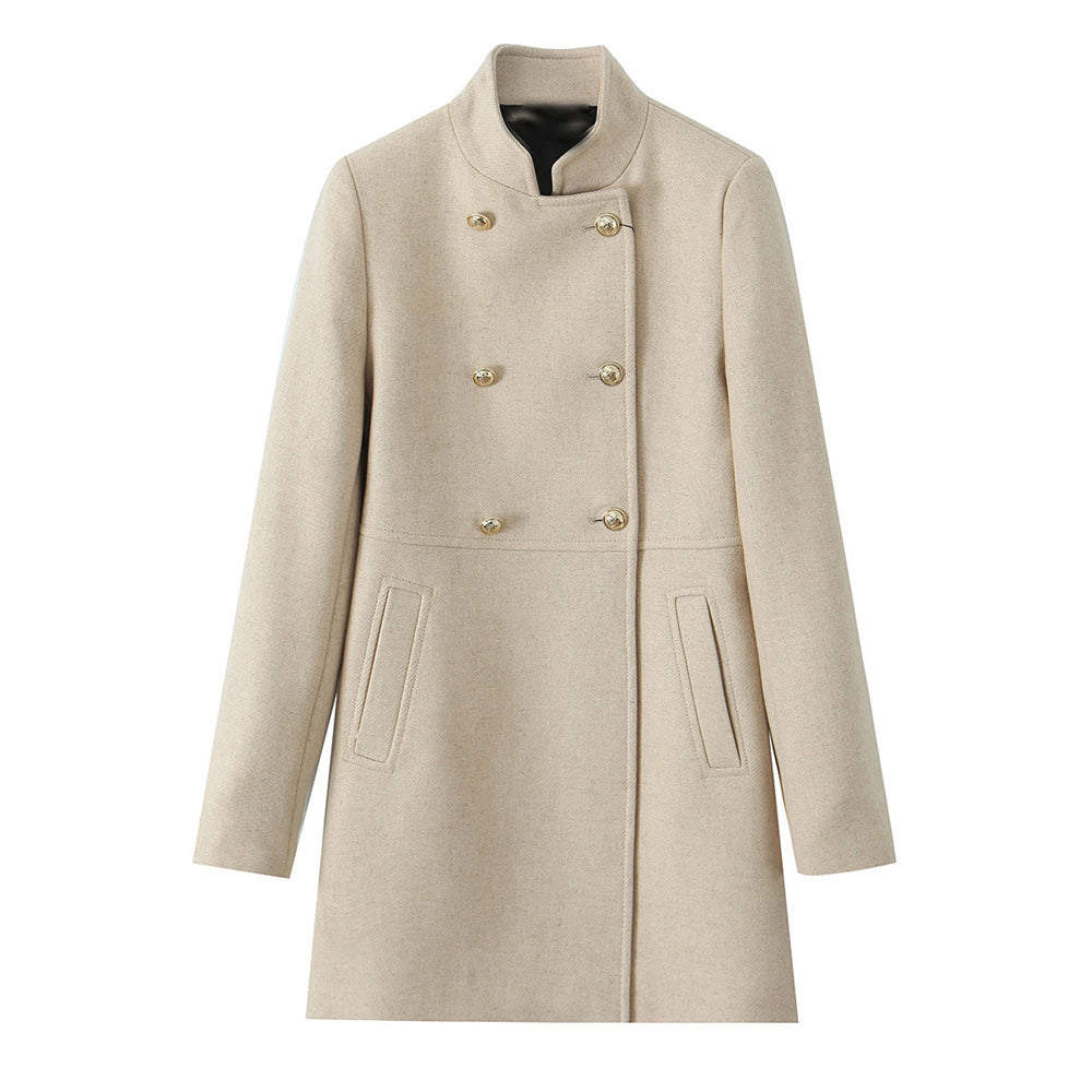 New Double Breasted Jacket for Women, Gold Button Up Stand Up Collar Solid Color Coat for Autumn and Winter