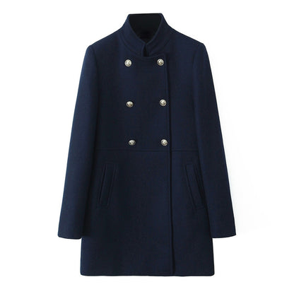 New Double Breasted Jacket for Women, Gold Button Up Stand Up Collar Solid Color Coat for Autumn and Winter