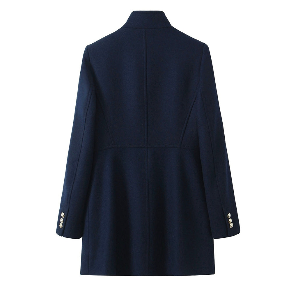 New Double Breasted Jacket for Women, Gold Button Up Stand Up Collar Solid Color Coat for Autumn and Winter