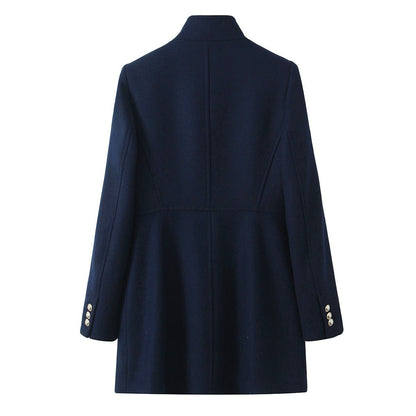 New Double Breasted Jacket for Women, Gold Button Up Stand Up Collar Solid Color Coat for Autumn and Winter