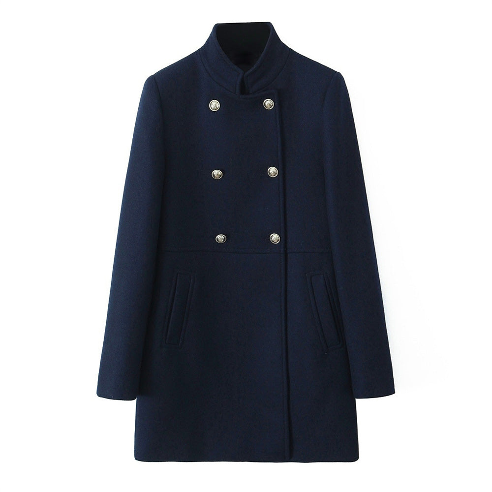 New Double Breasted Jacket for Women, Gold Button Up Stand Up Collar Solid Color Coat for Autumn and Winter