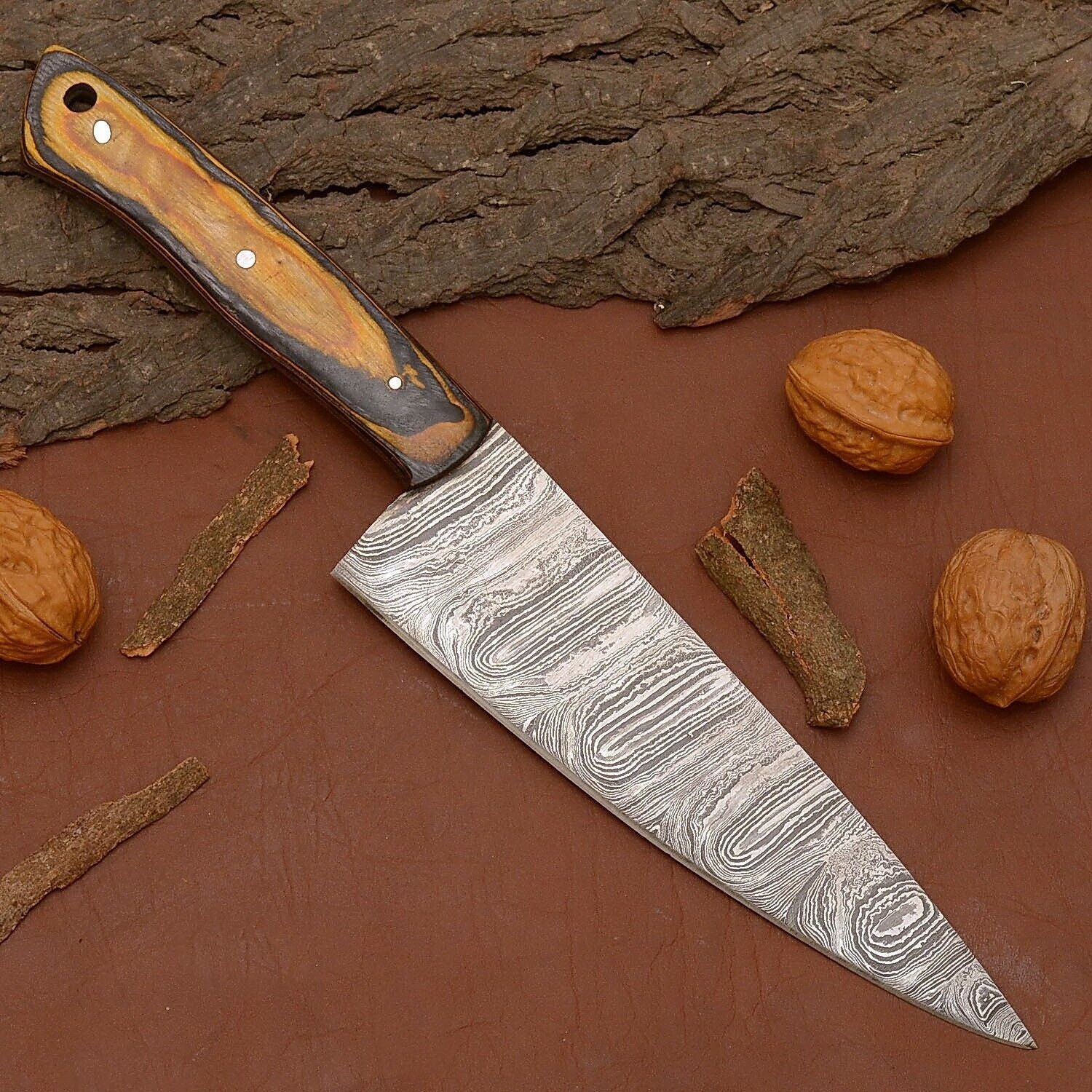Damascus Steel Chef Knife  Handmade Kitchen Knife With Natural Wood Handle 1