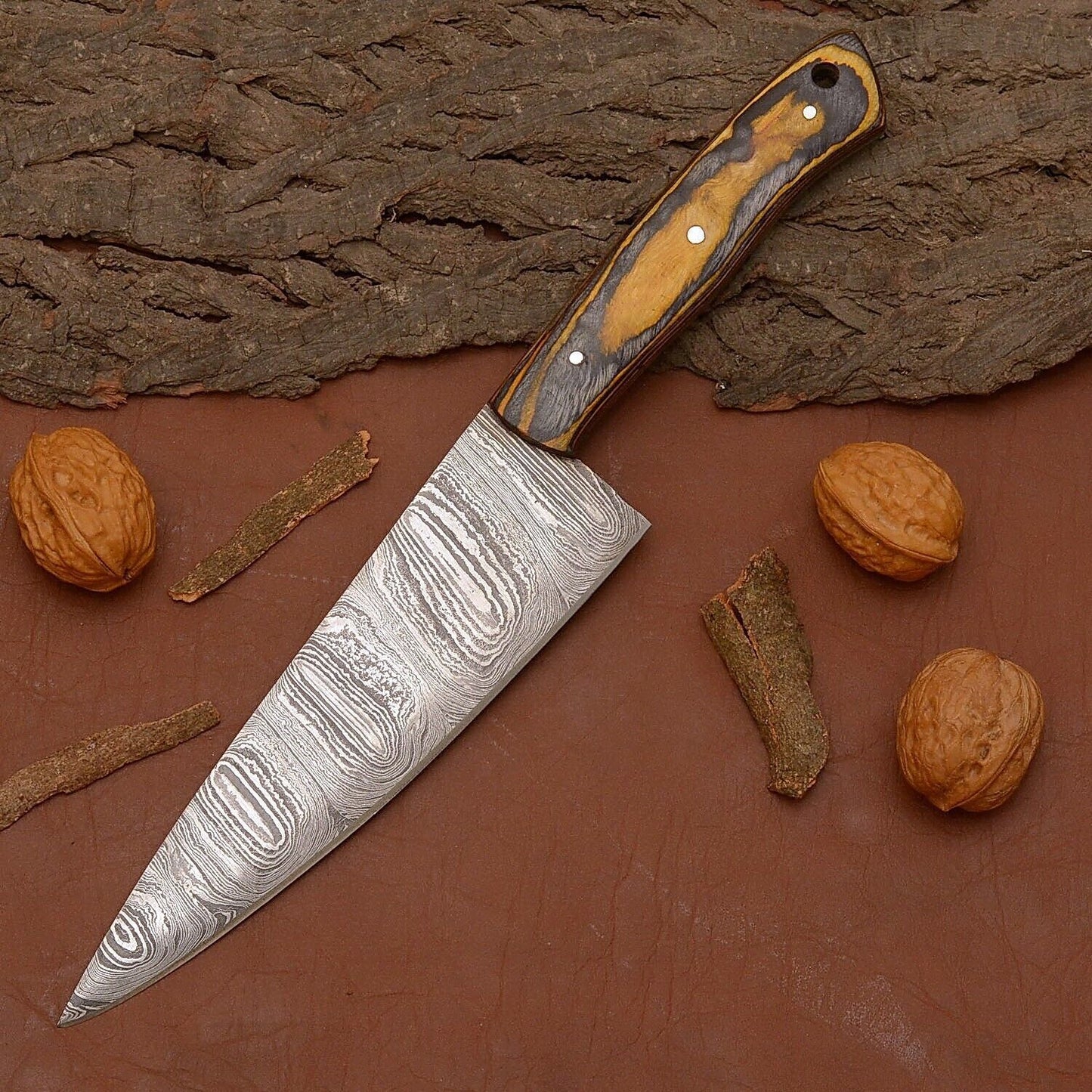 Damascus Steel Chef Knife – Handmade Kitchen Knife with Natural Wood Handle