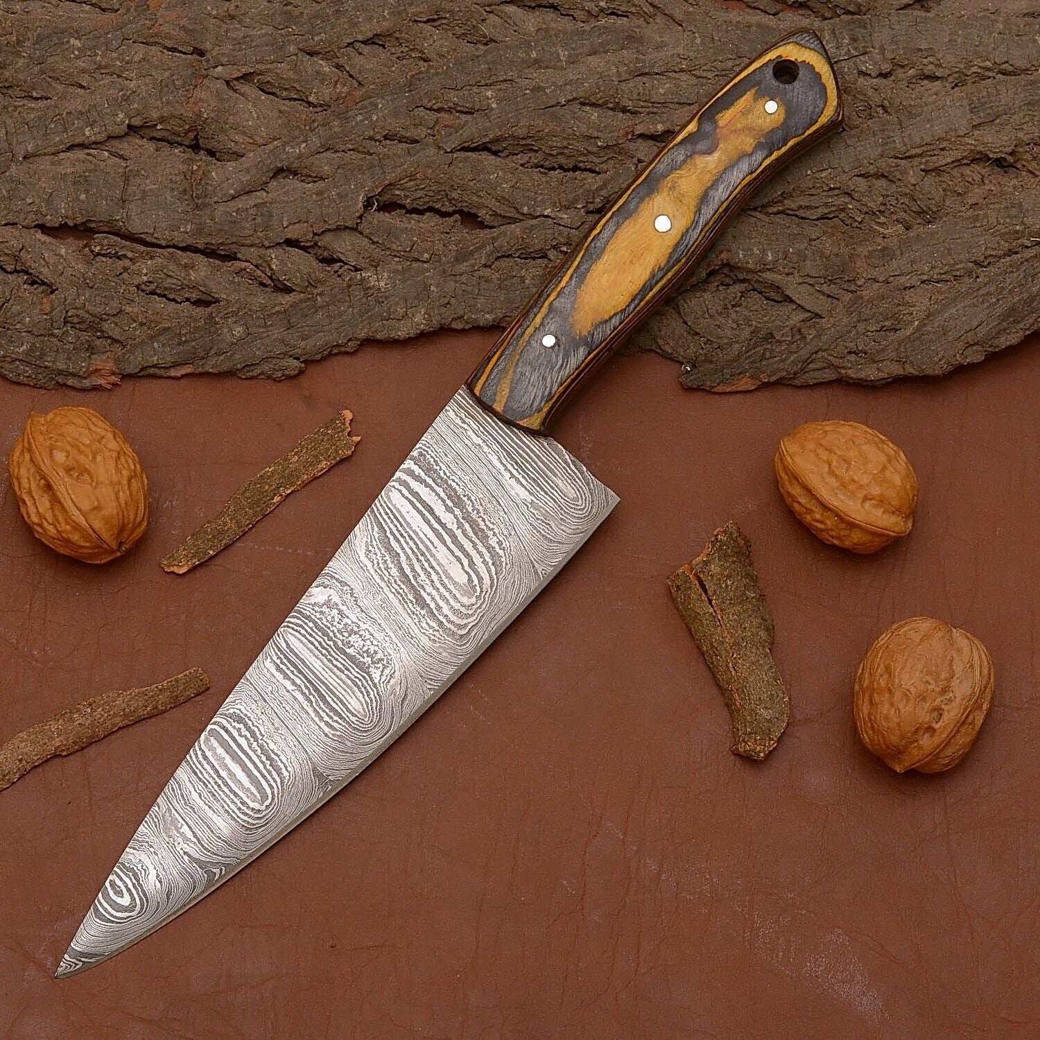 Damascus Steel Chef Knife – Handmade Kitchen Knife with Natural Wood Handle
