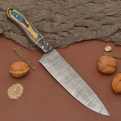 Hand-Forged Damascus Chef Knife – 7" Blade Kitchen Knife with Leather Cover