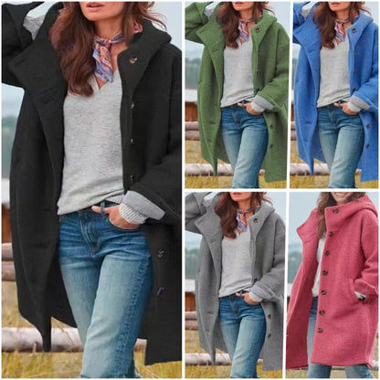 Women's Autumn Fashion Coat, Casual Loose Fit, Long Sleeve Hooded Outerwear, Pure Color Polyester Fiber, Notch Collar