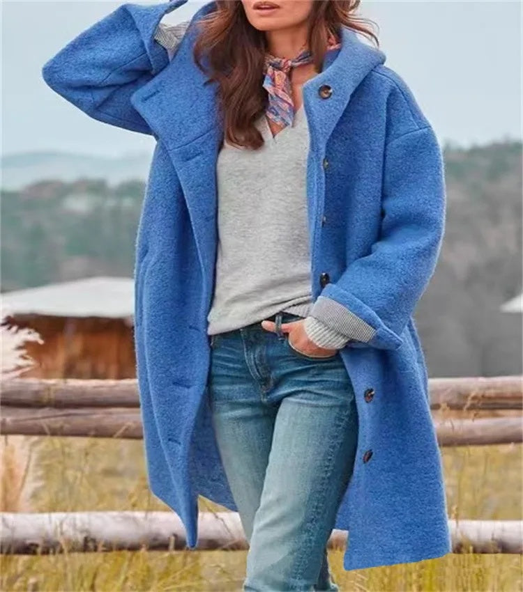 Women's Autumn Fashion Coat, Casual Loose Fit, Long Sleeve Hooded Outerwear, Pure Color Polyester Fiber, Notch Collar