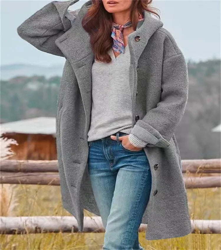 Women's Autumn Fashion Coat, Casual Loose Fit, Long Sleeve Hooded Outerwear, Pure Color Polyester Fiber, Notch Collar
