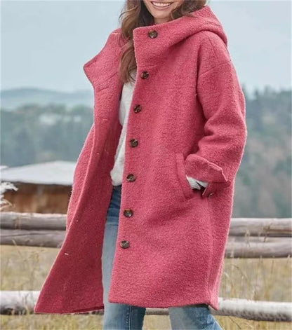 Women's Autumn Fashion Coat, Casual Loose Fit, Long Sleeve Hooded Outerwear, Pure Color Polyester Fiber, Notch Collar