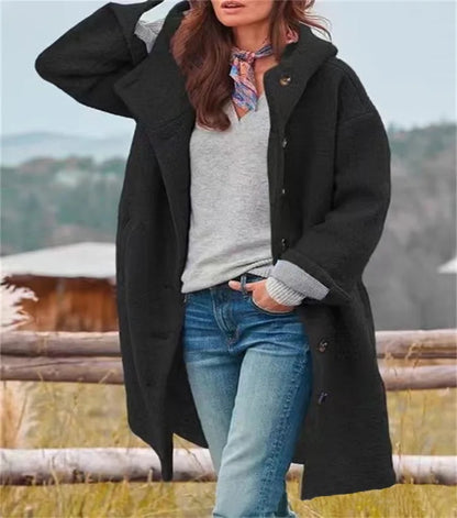 Women's Autumn Fashion Coat, Casual Loose Fit, Long Sleeve Hooded Outerwear, Pure Color Polyester Fiber, Notch Collar