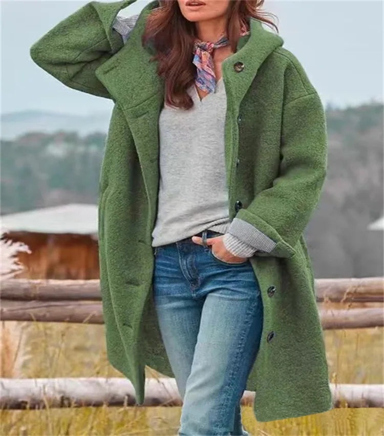 Women's Autumn Fashion Coat, Casual Loose Fit, Long Sleeve Hooded Outerwear, Pure Color Polyester Fiber, Notch Collar