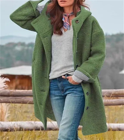 Women's Autumn Fashion Coat, Casual Loose Fit, Long Sleeve Hooded Outerwear, Pure Color Polyester Fiber, Notch Collar
