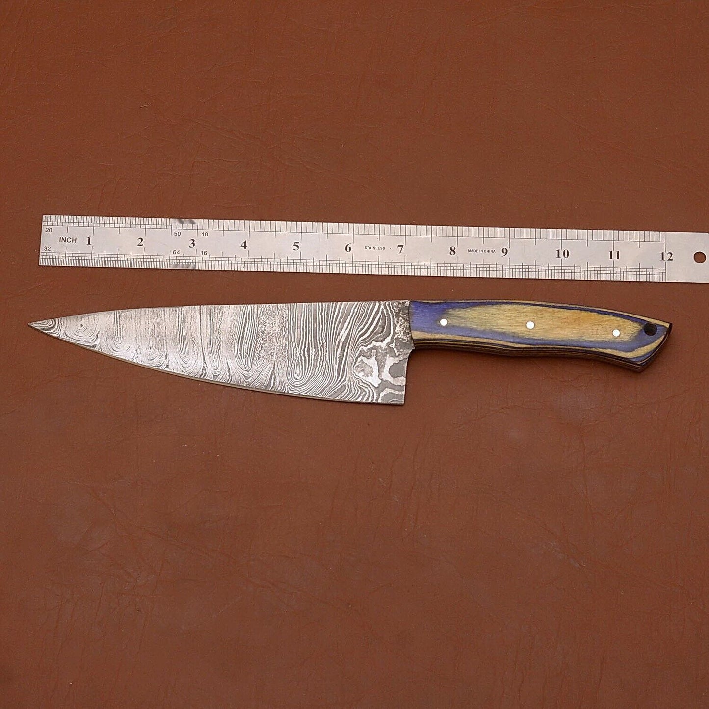 12 Damascus Steel Chef Knife  HandForged Kitchen Knife With Leather Sheath 1