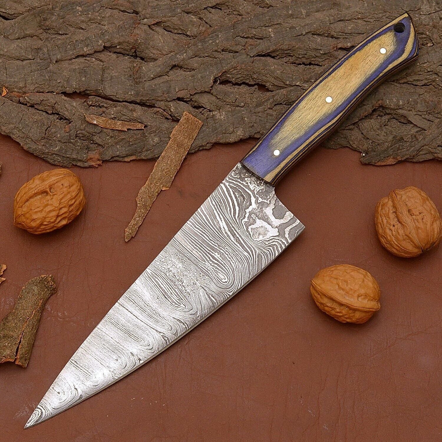 12 Damascus Steel Chef Knife  HandForged Kitchen Knife With Leather Sheath 2