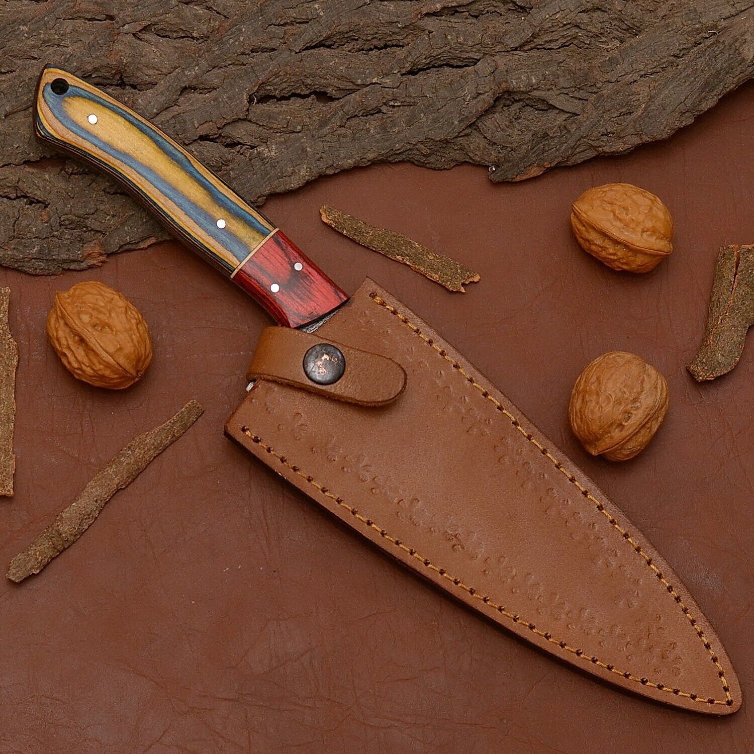 HandForged Damascus Kitchen Knife  7 Inch Blade With Elegant Wood Handle 3