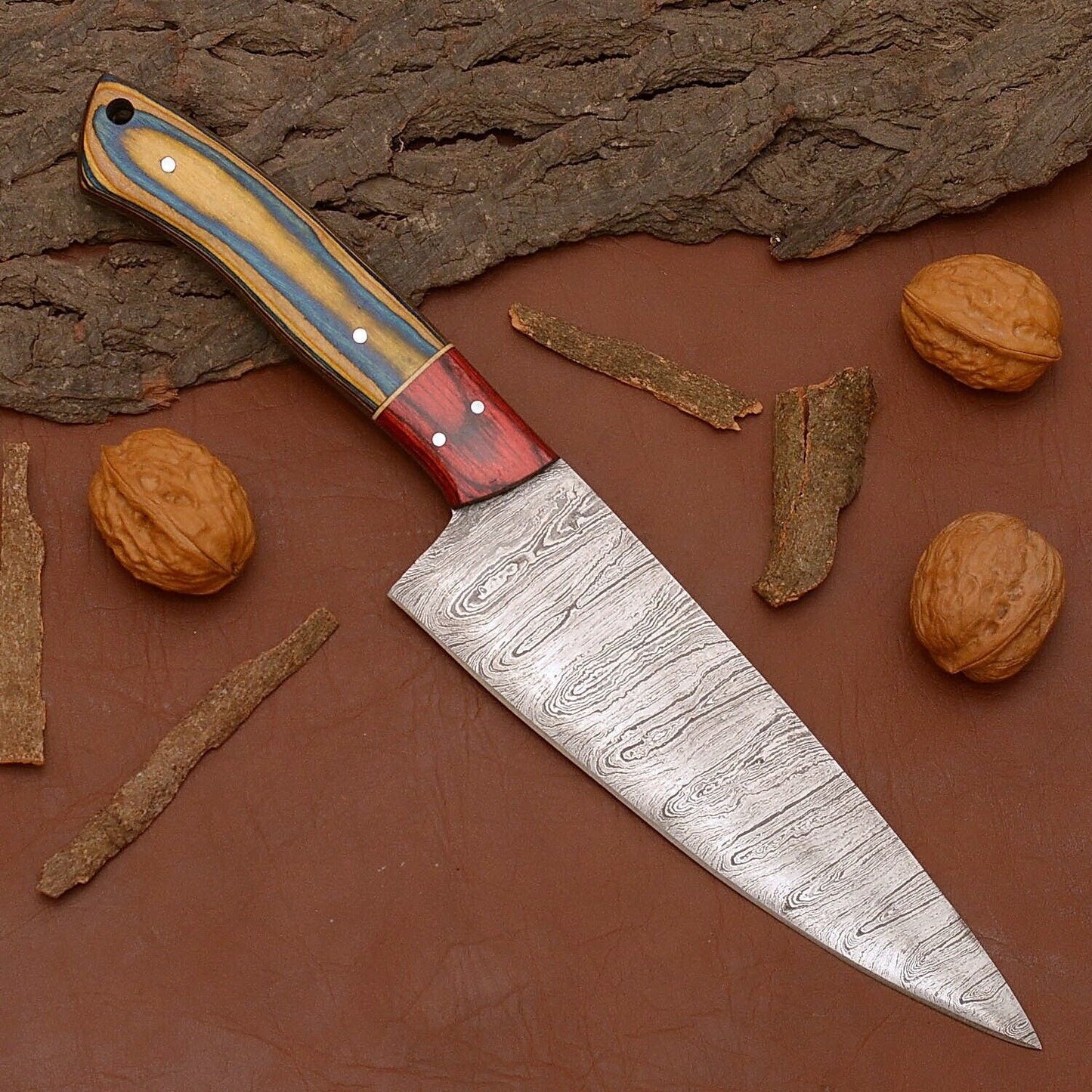 HandForged Damascus Kitchen Knife  7 Inch Blade With Elegant Wood Handle 2