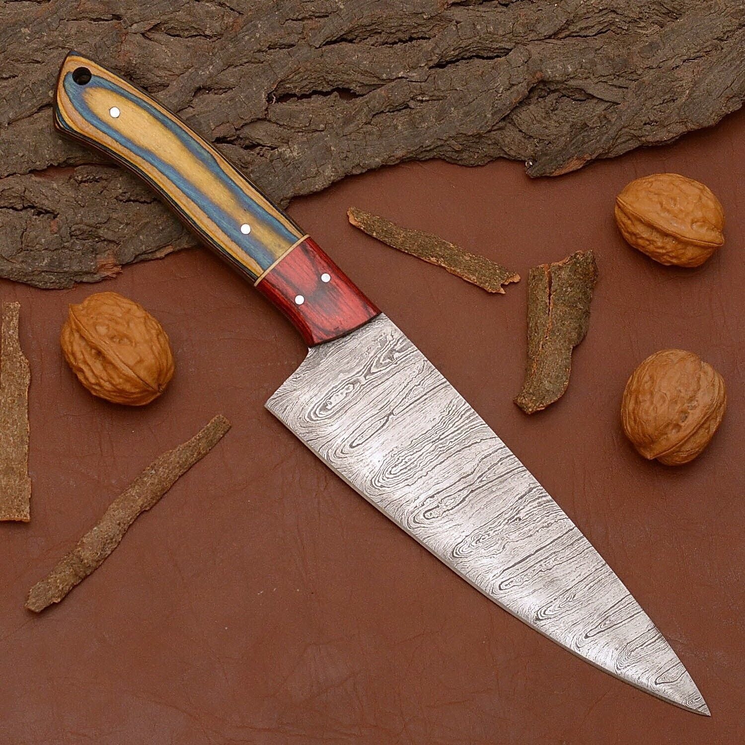 HandForged Damascus Kitchen Knife  7 Inch Blade With Elegant Wood Handle 2