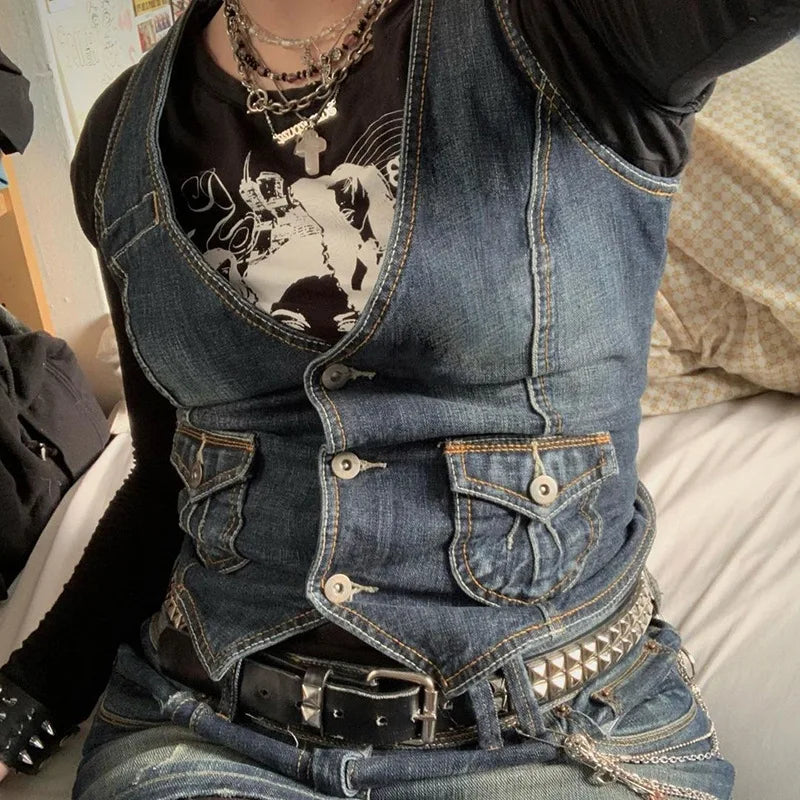 Slim Fit Women's Denim Vest, Dense Fabric, European American Style, Silhouette Smoothing