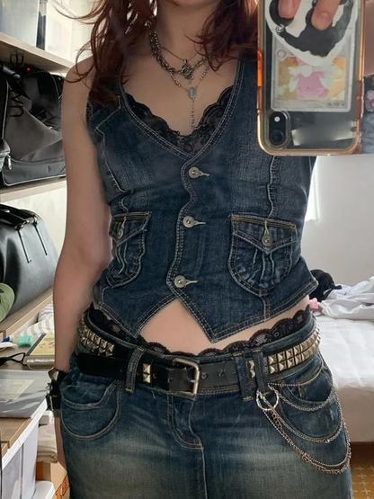 Slim Fit Women's Denim Vest, Dense Fabric, European American Style, Silhouette Smoothing