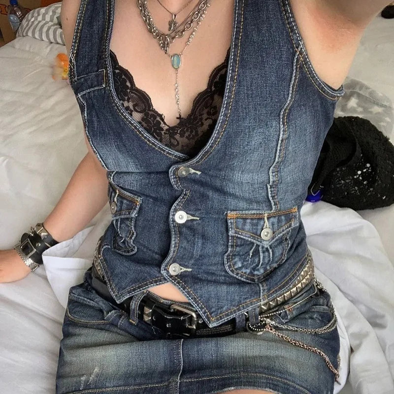 Slim Fit Women's Denim Vest, Dense Fabric, European American Style, Silhouette Smoothing