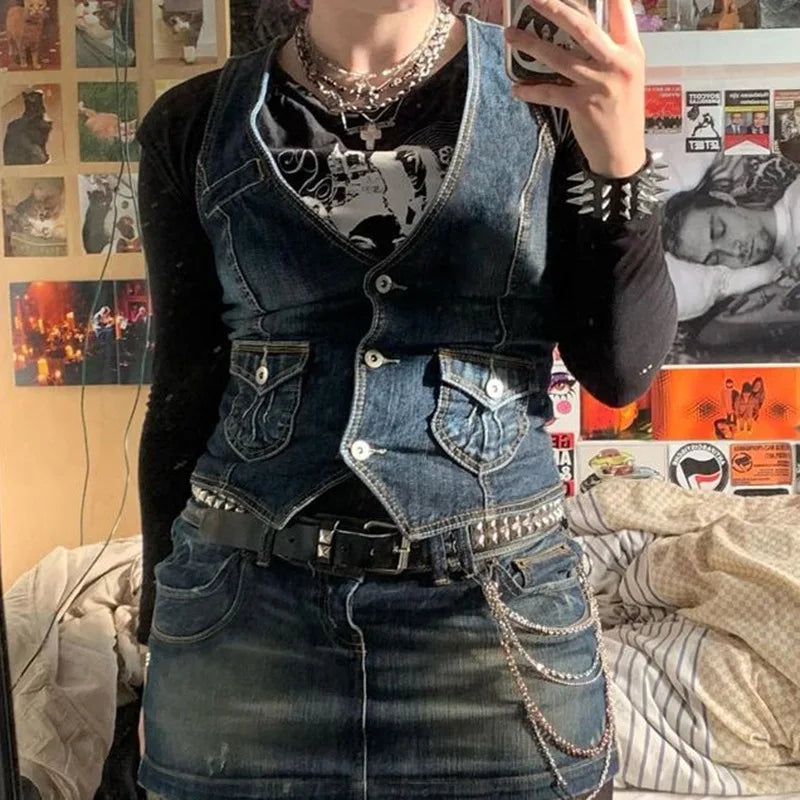 Slim Fit Women's Denim Vest, Dense Fabric, European American Style, Silhouette Smoothing