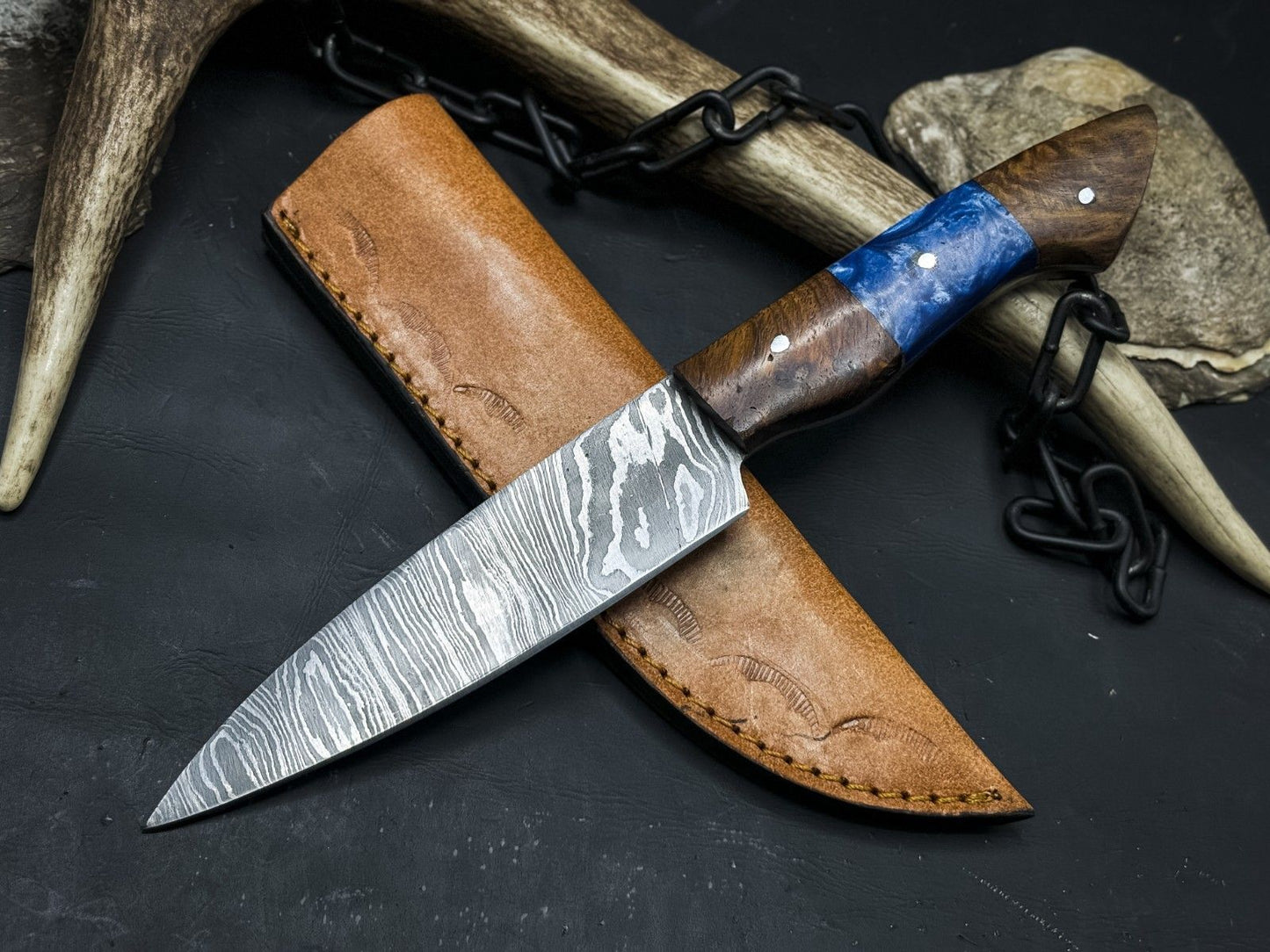 Damascus Steel Chef Knife – Handmade 12" Kitchen Knife for Home & Outdoor Cooking
