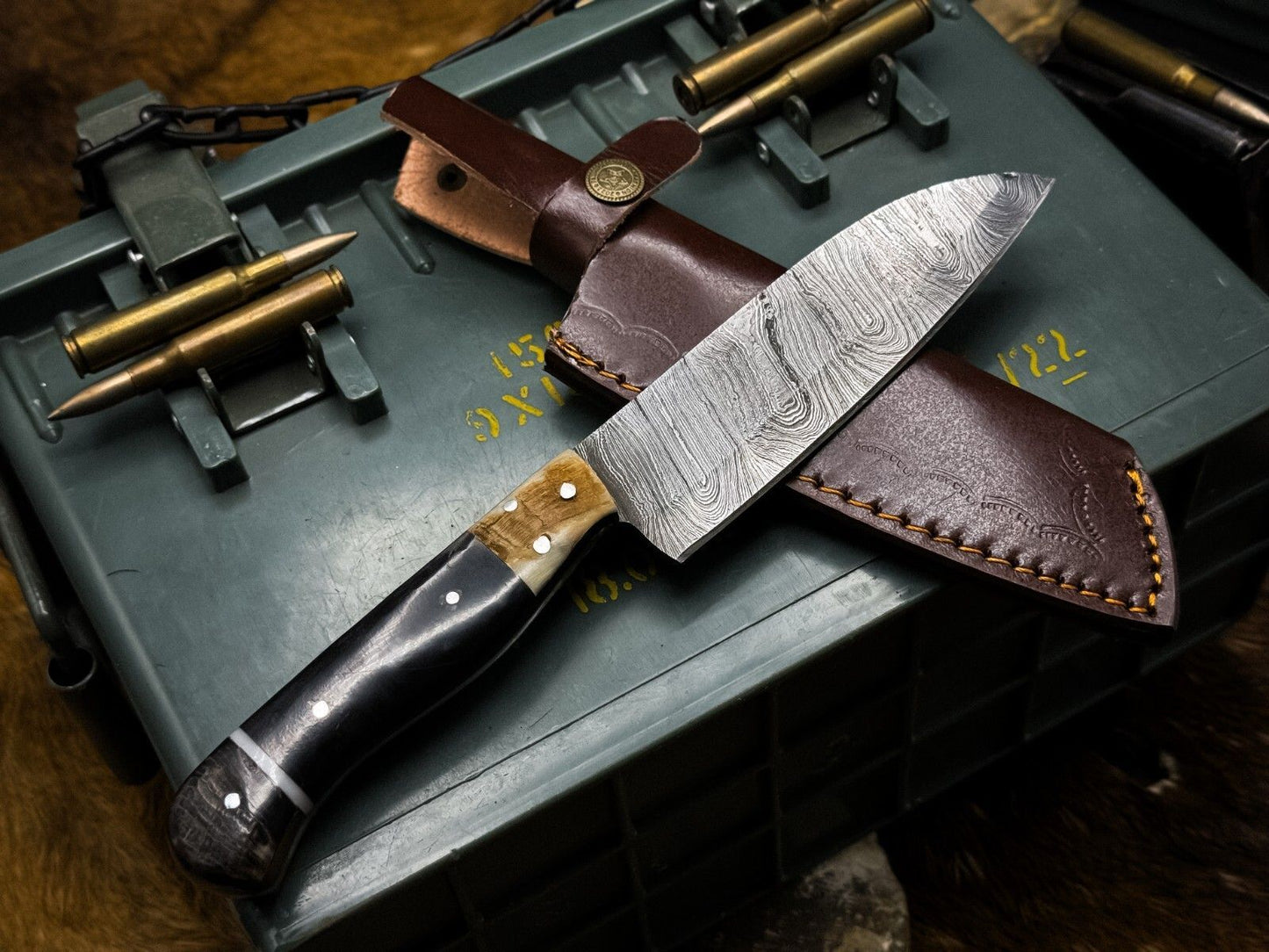 Artisan Damascus Steel Knife  Custom Made Chef Knife With Leather Sheath 1