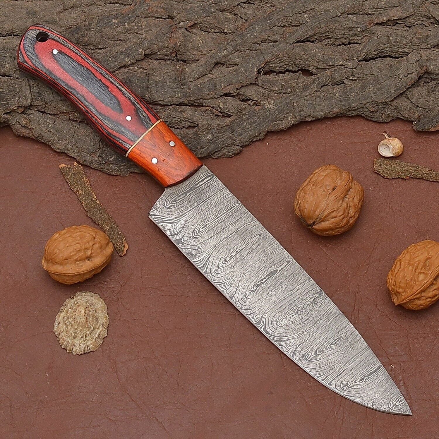 Custom Forged Damascus Kitchen Knife – Wood Grip Chef Knife Perfect Gift