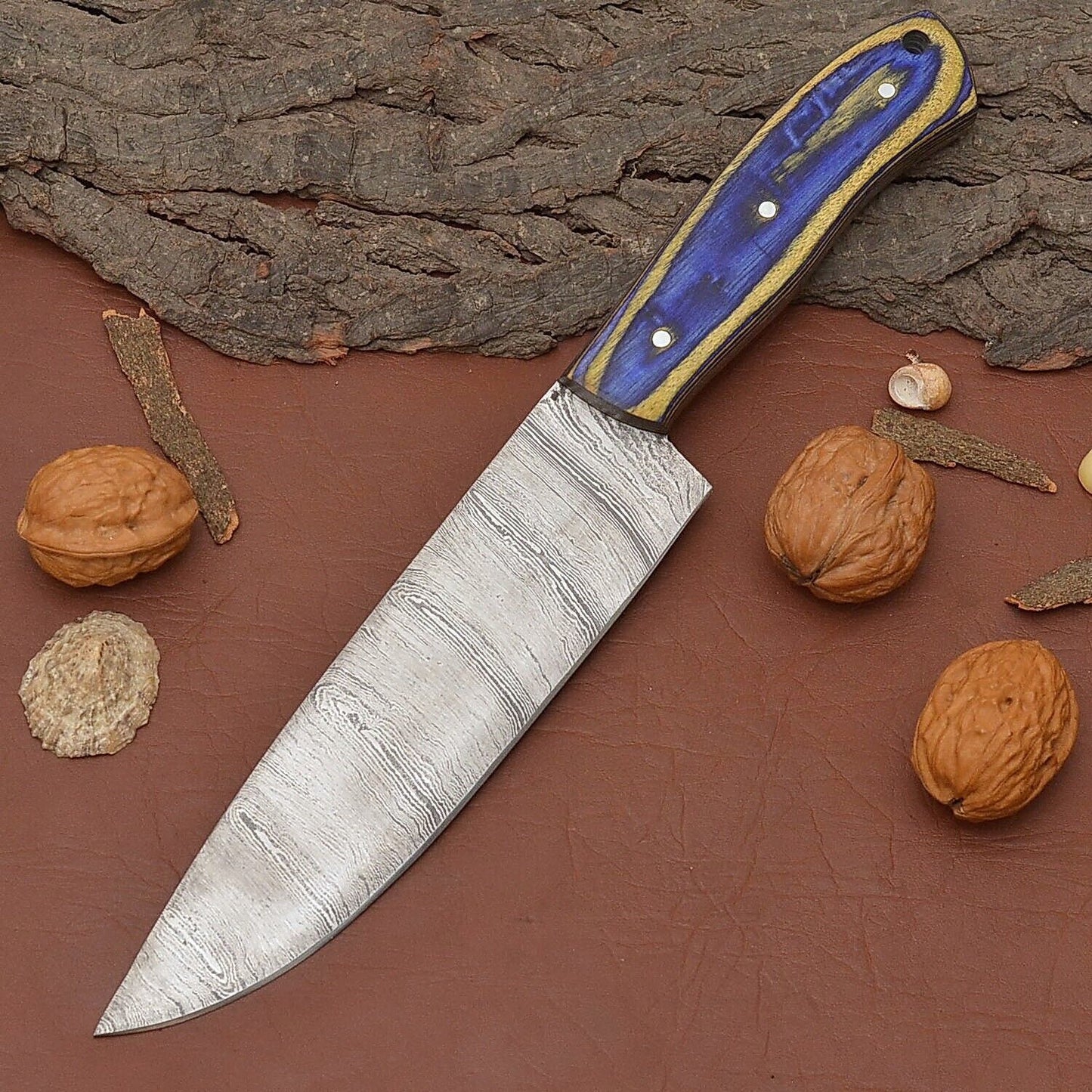 Custom Forged Damascus Steel Kitchen Knife – 12" Chef Knife with Wood Handle