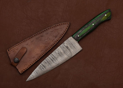 Custom Handmade Damascus Steel Chef Knife – 7" Kitchen Knife with Wooden Handle & Leather Sheath