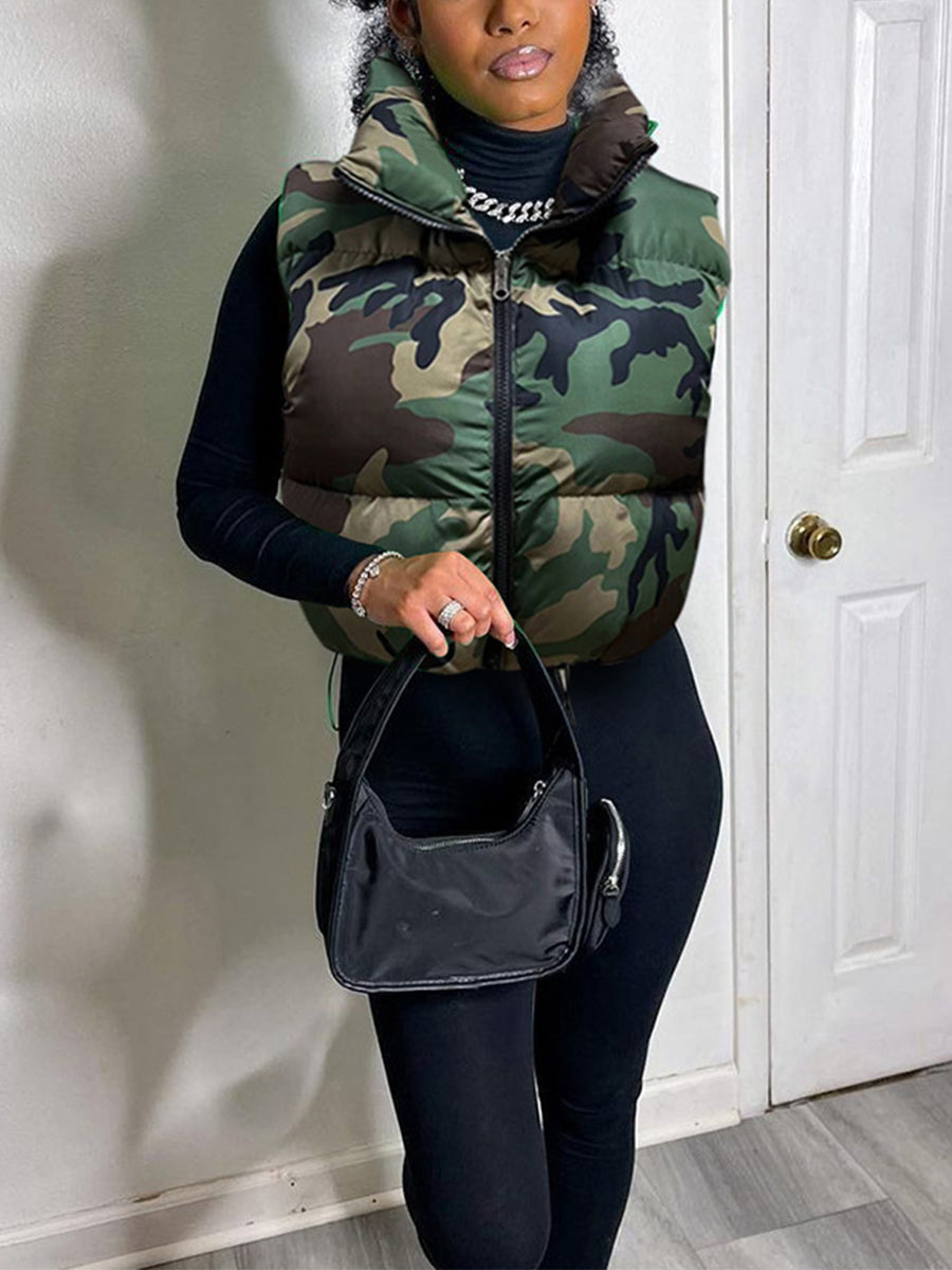 Women's Puffer Vest, Sleeveless Jacket with Hood and Pockets, Stand Collar Zipper Closure, Solid Color Winter Outwear