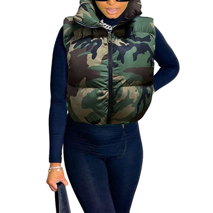 Women's Puffer Vest, Sleeveless Jacket with Hood and Pockets, Stand Collar Zipper Closure, Solid Color Winter Outwear