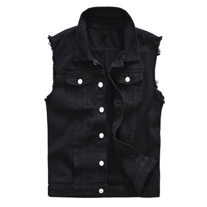 Mens Black Jean Vest, Slim Fit Denim Waistcoat, Fringe Sleeveless Tank Top