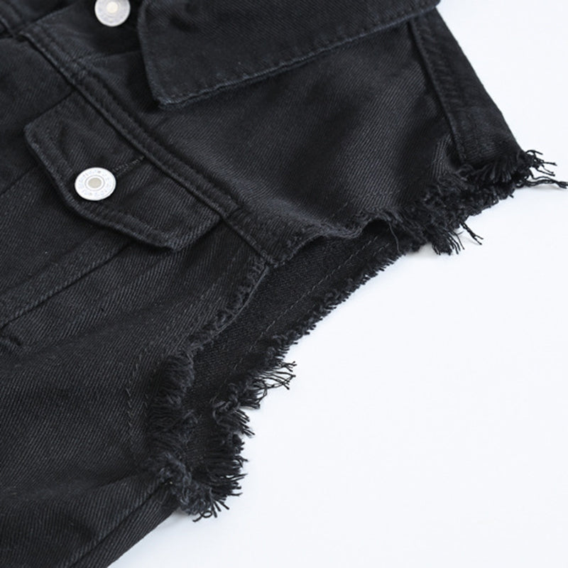 Mens Black Jean Vest Slim Fit Denim Waistcoat Fringe Sleeveless Tank Top 2