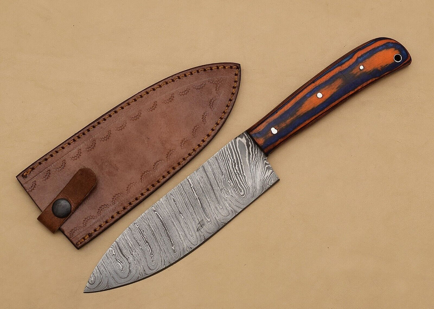 Custom Forged Damascus Steel Chef Knife – Wooden Handle Knife for Home & Camping