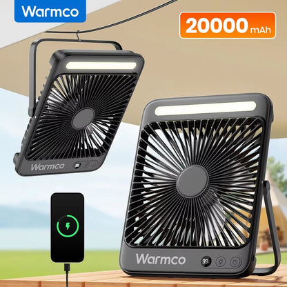 Warmco D4 Rechargeable Camping Fan with LED Light – 20000mAh Battery, 48H Runtime & Quiet 8 Cooling Power