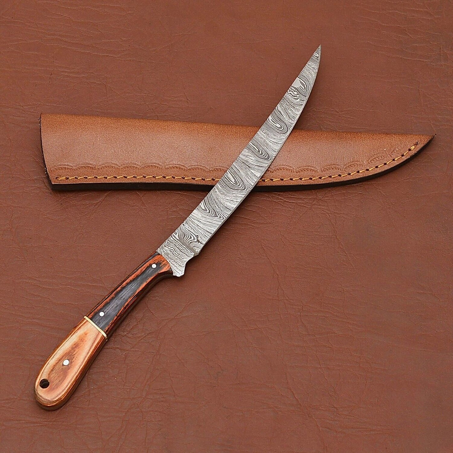 12 Handmade Damascus Steel Chef Knife  Wood Handle  Leather Sheath Included 3