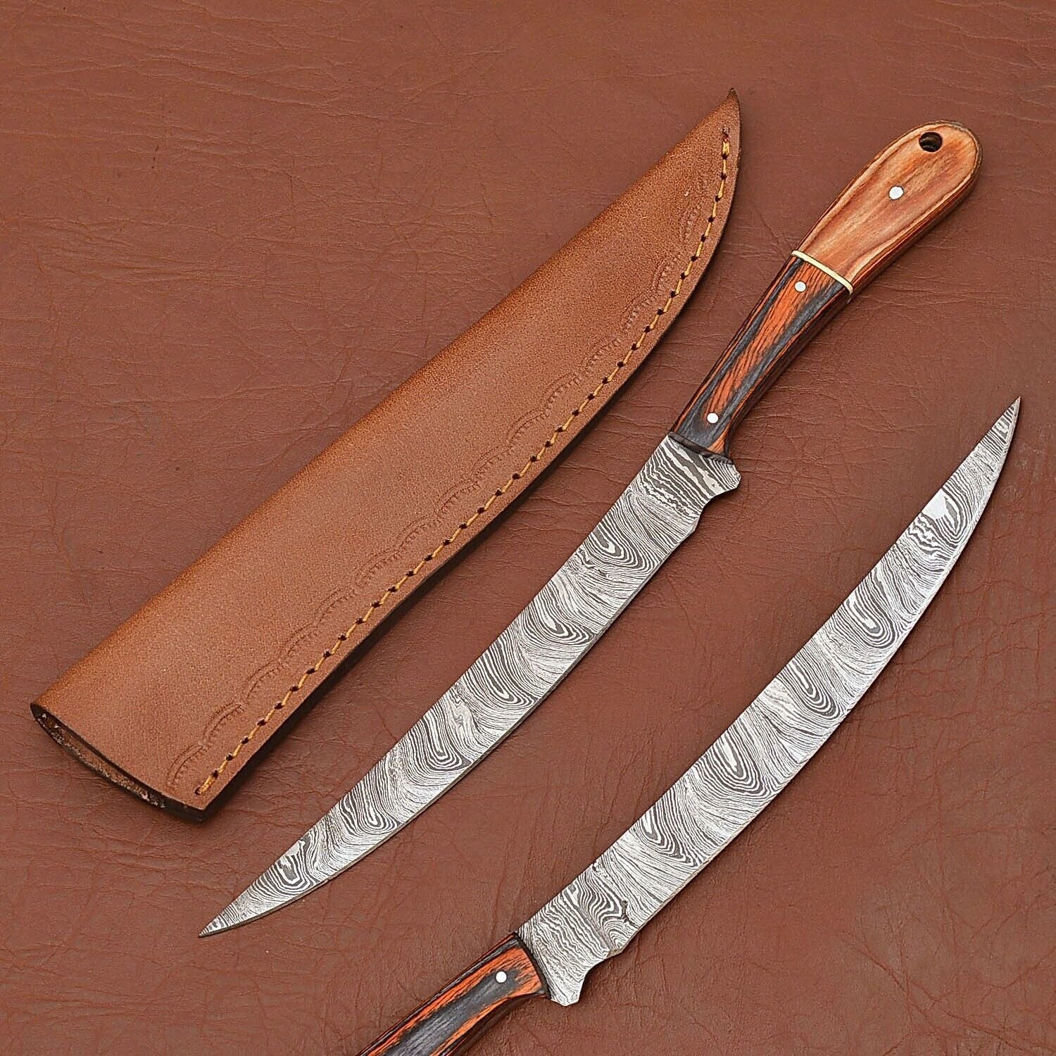 12" Handmade Damascus Steel Chef Knife – Wood Handle & Leather Sheath Included