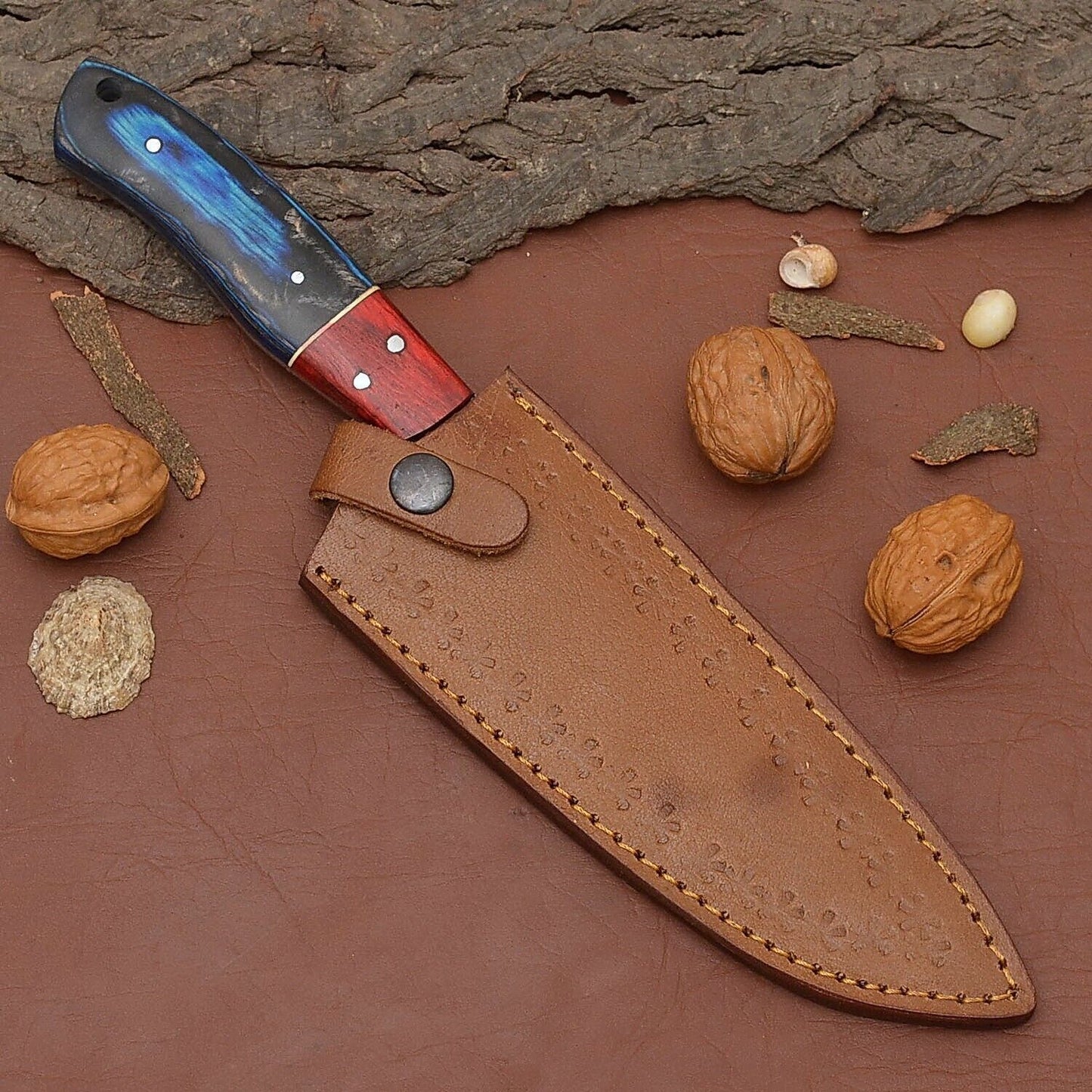 Custom Crafted Damascus Steel Kitchen Knife  Sharp Blade With Wooden Handle 3