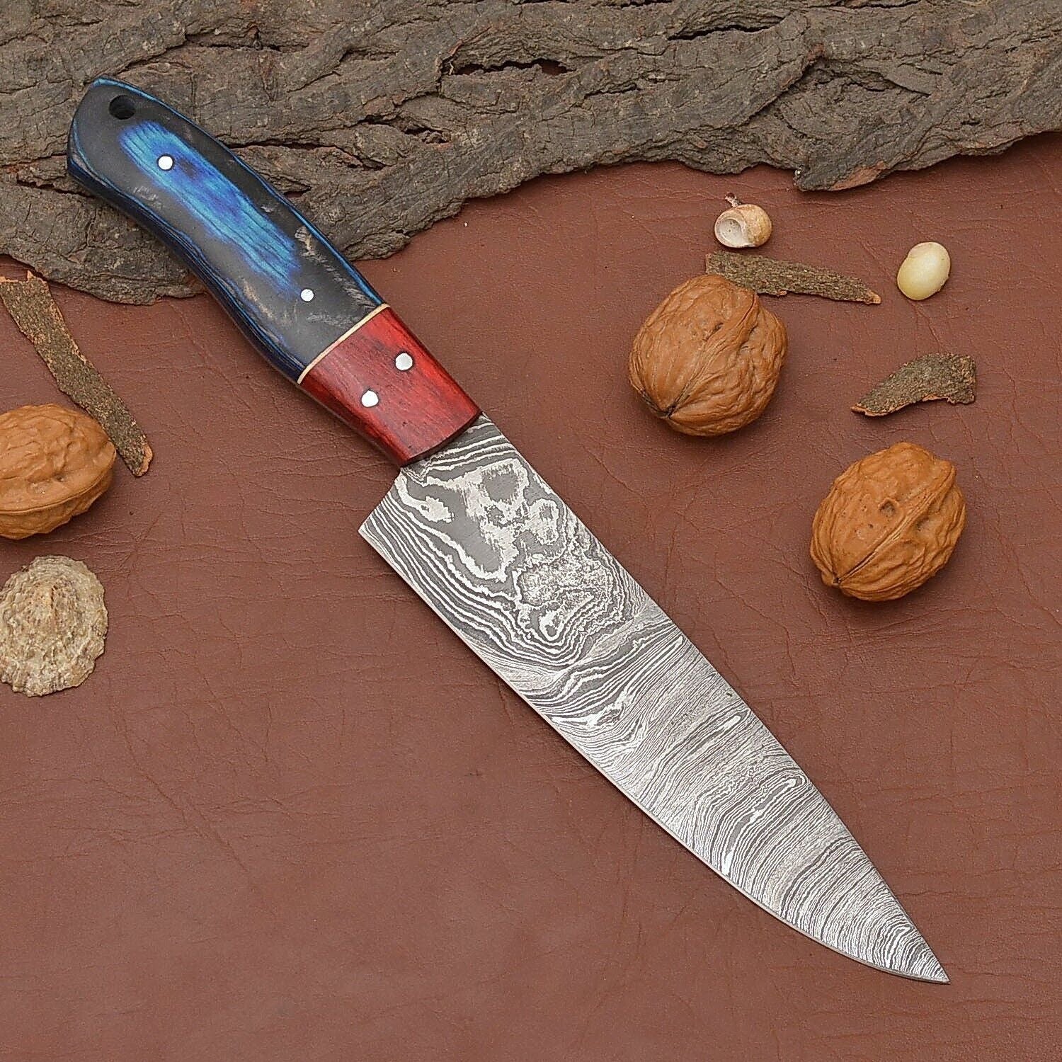 Custom Crafted Damascus Steel Kitchen Knife  Sharp Blade With Wooden Handle 1