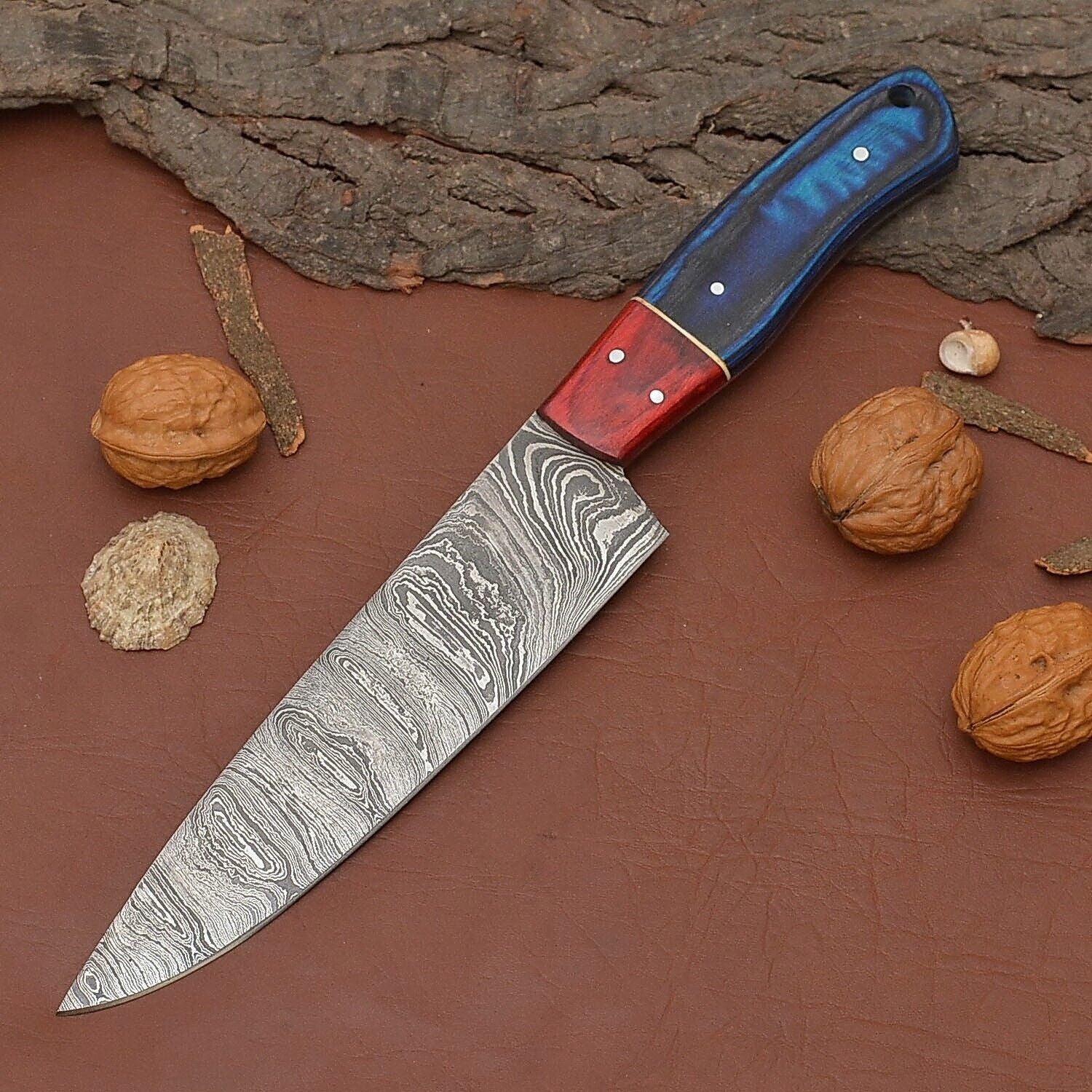 Custom Crafted Damascus Steel Kitchen Knife – Sharp Blade with Wooden Handle