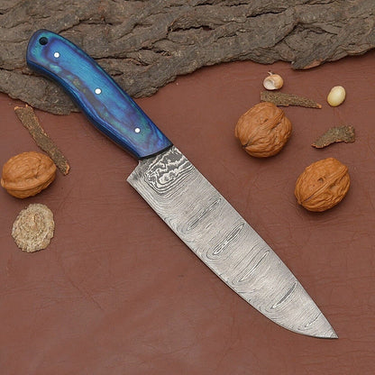 Custom Forged Damascus Steel Kitchen Knife – Fillet Chef Knife with Leather Sheath